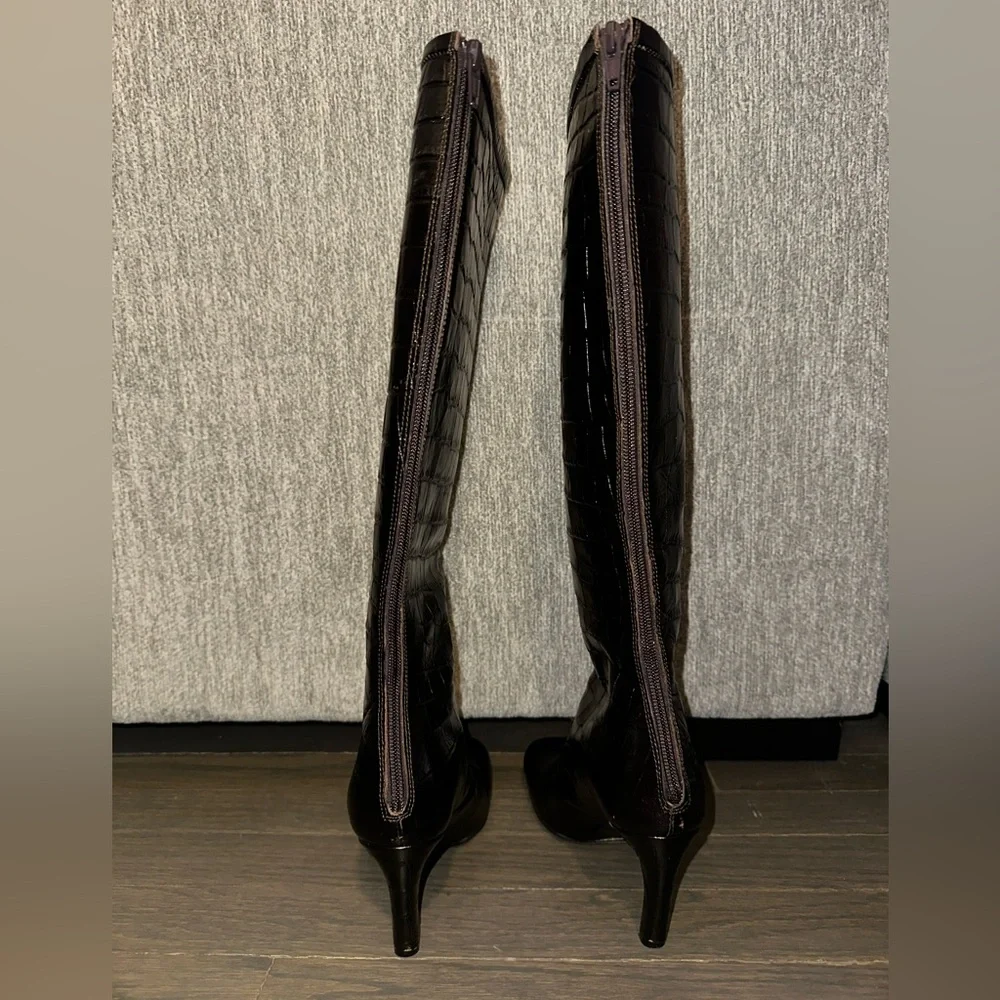 $1250 Dries Van Noten Brown Leather Croc Embossed Knee High Boots - Picture 4 of 9